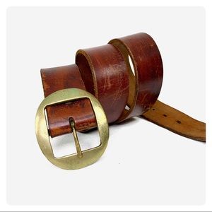 Solid Brass Leather Belt Waist 34-36 L-XL 271RE